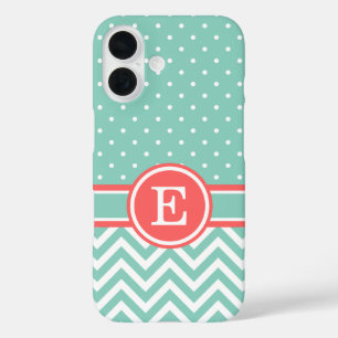 Korallen und Aqua Preppy Zickzack Dots Monogramm iPhone 16 Hülle