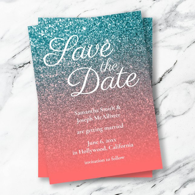 Korallen und Aquamarin Ombre Glitzer Save the Date Einladung (Von Creator hochgeladen)