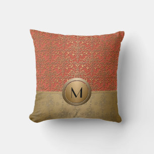 Korallen- und Gold-Monogramm-Damaskusmuster Kissen