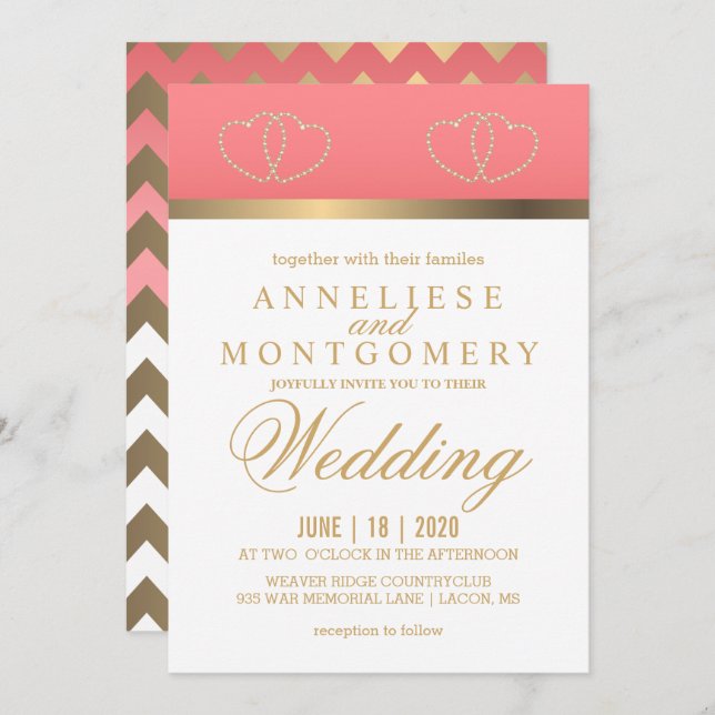 Korallen- und Goldherzen - Einladung (Vorne/Hinten)