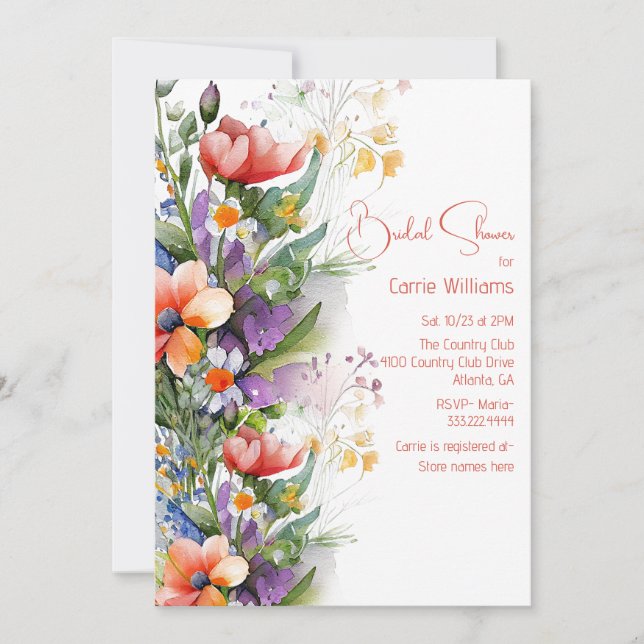 Korallen und Lila Wildblumen Brautparty Einladung (Vorderseite)