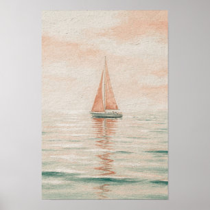Korallen- und Meerwasserglass-Segelboot-Küstenwand Poster