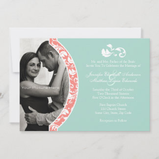 Korallen- und Minzdamasenhochzeit Foto Einladung