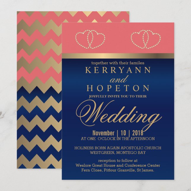Korallen- und Navy-Blau mit Gold Hearts - Custom Einladung (Vorne/Hinten)
