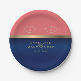 Korallen- und Navy-Blau mit Gold Hearts Pappteller