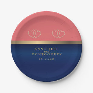 Korallen- und Navy-Blau mit Gold Hearts Pappteller