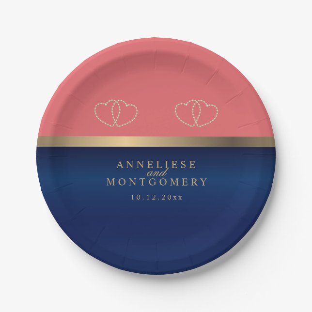 Korallen- und Navy-Blau mit Gold Hearts Pappteller (Vorderseite)