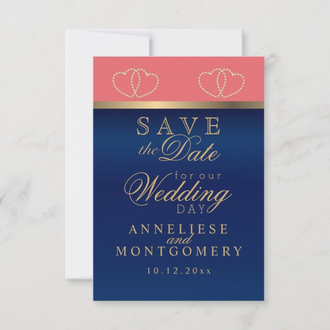 Korallen und Navy Blue Gold Hearts - Save the Date (Vorderseite)