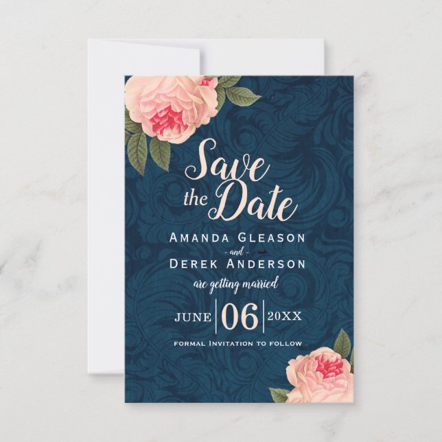 Korallen- und Navy-Blue-Shabby Chic Save the Date (Vorderseite)