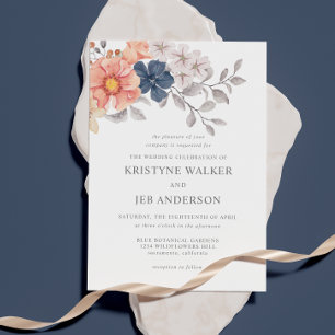 Korallen- und Navy-Blume   Elegant Botanical Einladung