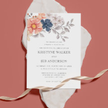 Korallen- und Navy-Blume | Elegante botanische Ein