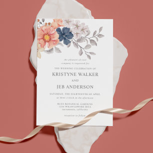 Korallen- und Navy-Blume   Elegante botanische Ein Einladung