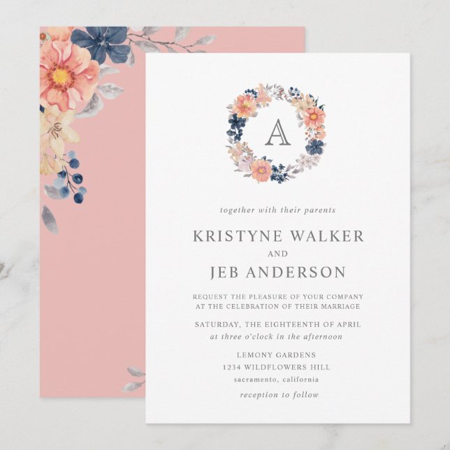 Korallen- und Navy-Blume | Monogramm Watercolor We Einladung (Vorne/Hinten)