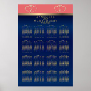 Korallen- und Navy-Gold-Herzen - 16 Seating-Chart Poster