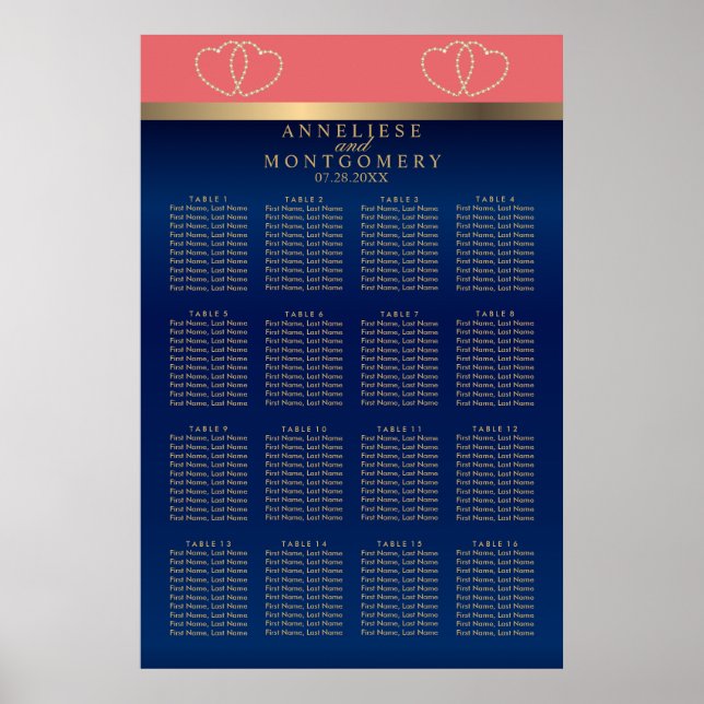 Korallen- und Navy-Gold-Herzen - 16 Seating-Chart Poster (Vorne)