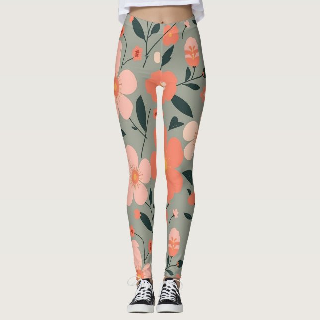 Korallen und rosa Flora auf Grün Leggings (Vorderseite)