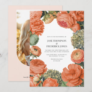 Korallen- und Salbei-Aquarell-Blumen-Hochzeitsfoto Einladung
