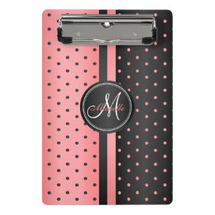 Korallen- und Schwarzpolka-Punkte - Monogramm Mini Klemmbrett