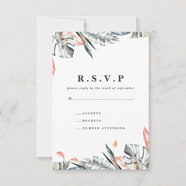 Korallen- und Tropenblättertraum R.S.V.P RSVP Karte (Vorderseite)