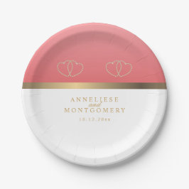 Korallen und Weiß mit goldenen Herzen Pappteller