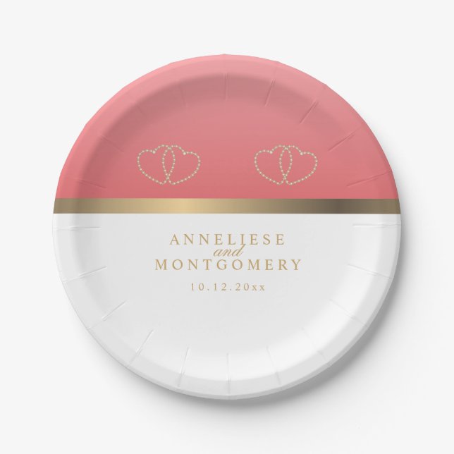 Korallen und Weiß mit goldenen Herzen Pappteller (Vorderseite)