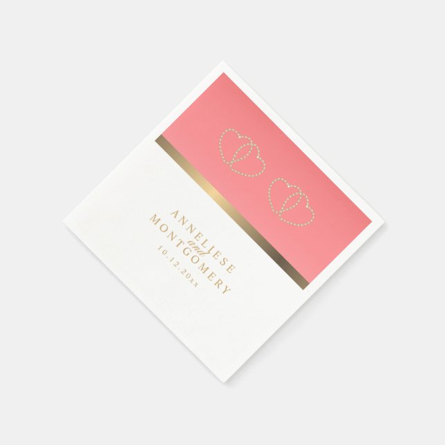 Korallen und Weiß mit goldenen Herzen Serviette (Ecke)