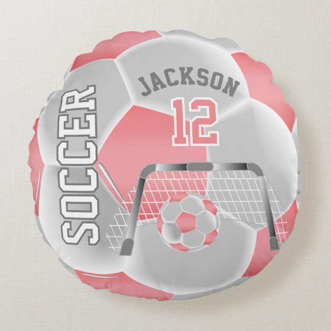 Korallen und Weiße Fußball | DIY Name Rundes Kissen (Vorderseite)