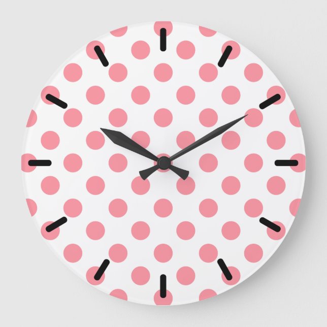 Korallen- und Weißpolka-Punkte Große Wanduhr (Vorderseite)