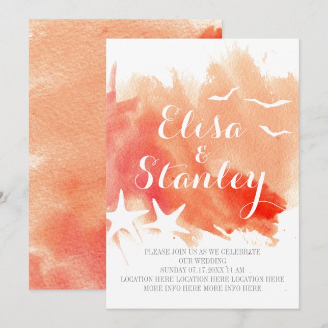 Korallenblau, Hochzeit am Seestrand Einladung (Vorne/Hinten)