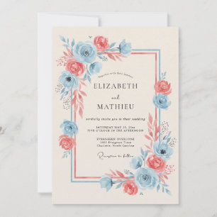 Korallenblaue Blütenromanze Hochzeit Einladung