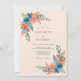 Korallenblaue Blütenromanze Hochzeit Einladung