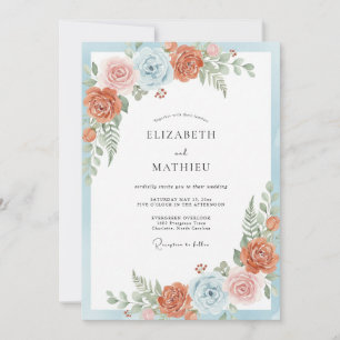Korallenblaue elegante botanische Hochzeit Einladung