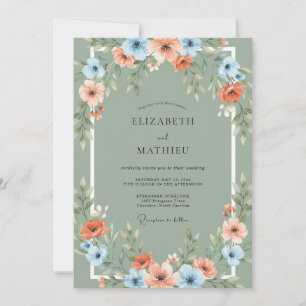 Korallenblaue Floralbogen-Hochzeit Einladung