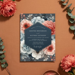 Korallenblaue Florale Hochzeitsromantik Einladung