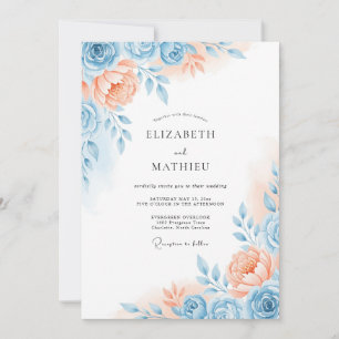 Korallenblaue Florale Romanze Hochzeit Einladung