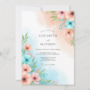 Korallenblaue florale Whimsy-Hochzeit Einladung