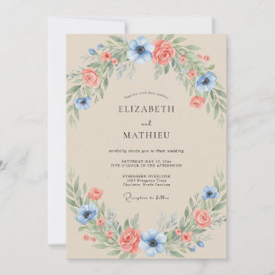 Korallenblaue Hochzeit mit Eukalyptuslaub Einladung