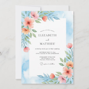 Korallenblaue malerische botanische Hochzeit Einladung