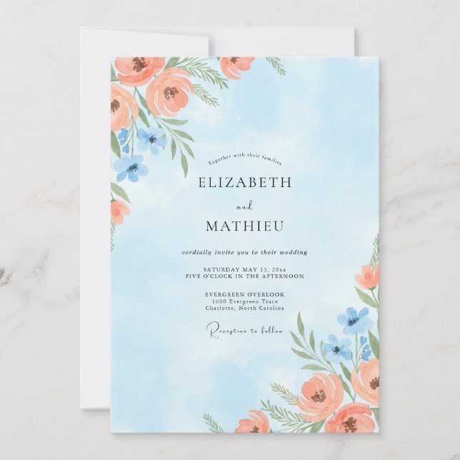 Korallenblaue Mohn-Hochzeit Einladung (Vorderseite)