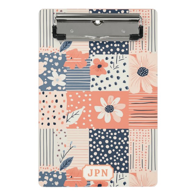 Korallenblaue Navy Florale Patchwork-Quilt-Muster Mini Klemmbrett (Vorderseite)