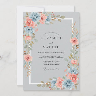 Korallenblaue romantische Blumenhochzeit Einladung