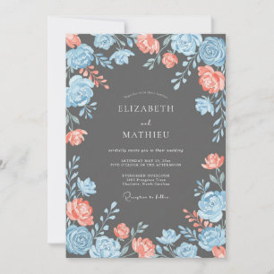 Korallenblaue romantische Hochzeit mit Blumen Einladung