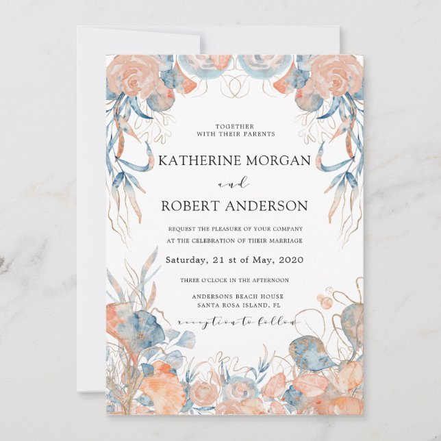 Korallenblauluftige romantische Hochzeit Einladung (Vorderseite)