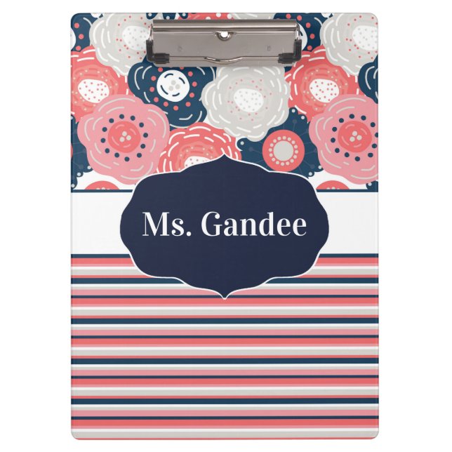 Korallenblumen und Streifen Boho Personalisiert Klemmbrett (Vorderseite)