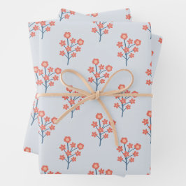 Korallenblüten-Zweige auf nebligem Blau-Muster  Geschenkpapier Set