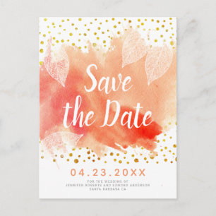 Korallenfarben und Blätter Hochzeit Sichern Sie da Ankündigungspostkarte