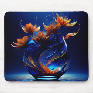 Korallenfarbene Blumen, die aus einer blauen Vase  Mousepad