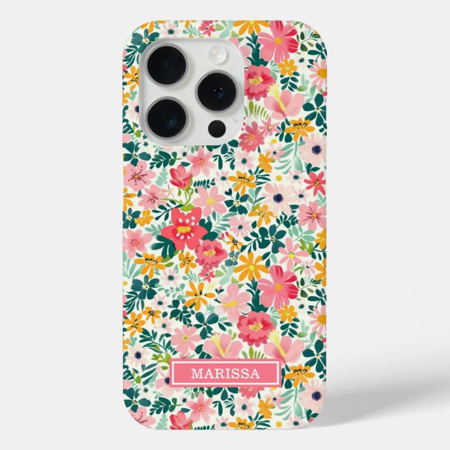 Korallenfarbene Ditsy-Blumen mit Monogramm Case-Mate iPhone Hülle (Rückseite)