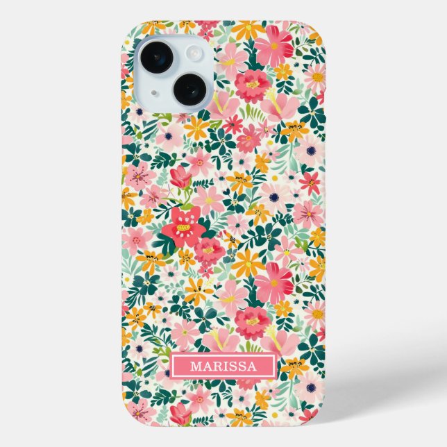 Korallenfarbene Ditsy-Blumen mit Monogramm Case-Mate iPhone Hülle (Rückseite)