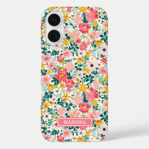 Korallenfarbene Ditsy-Blumen mit Monogramm iPhone 16 Hülle